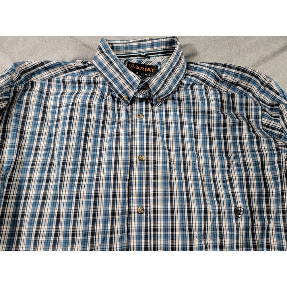 Ariat Pro Series Shirt Mens XL‎ Teal Blue Plaid Long Sleeve Button Up Vented